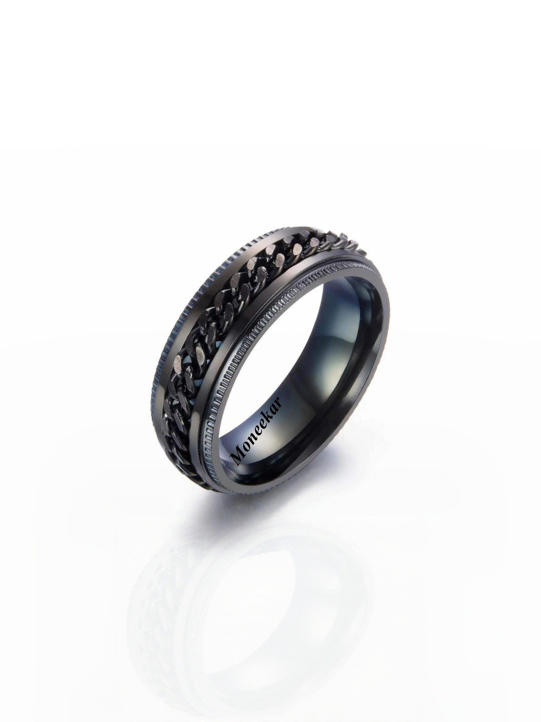 Moneekar Jewels Unisex Stainless Steel Black 8mm Chain Detail Finger Ring