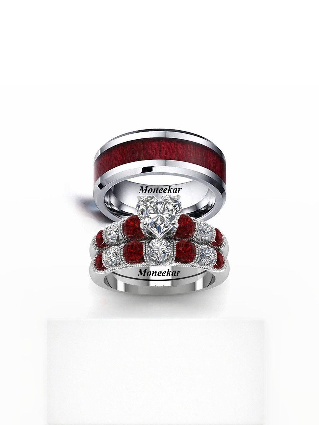 Moneekar Jewels Unisex Set of 2 Stainless Steel AAA Cubic Zirconia Heart Finger Rings