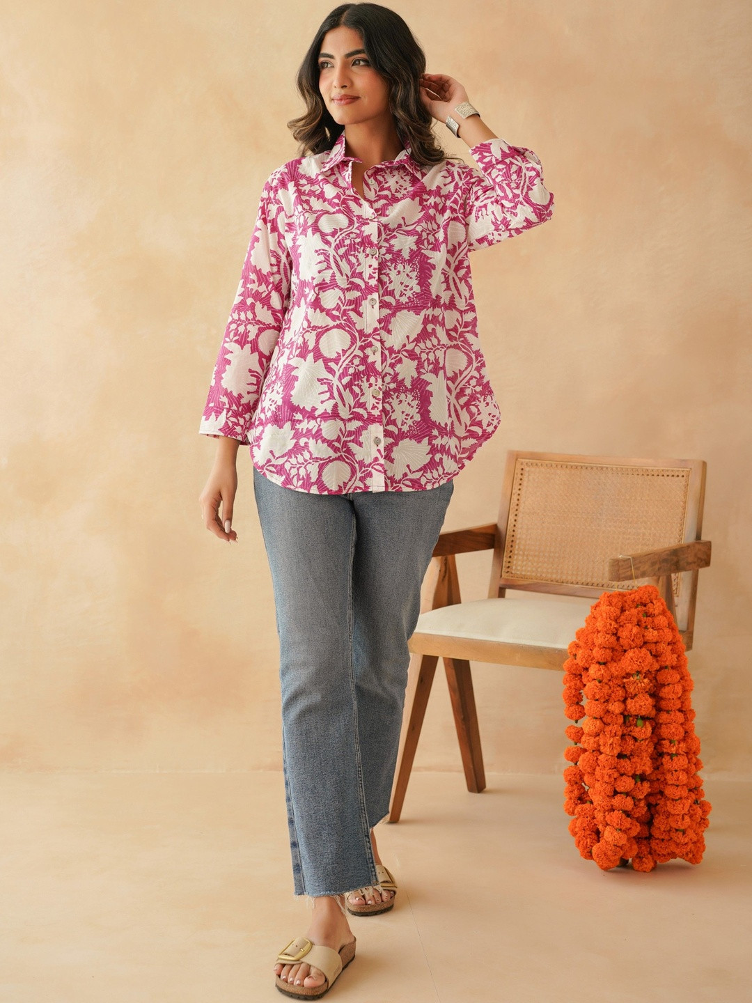 GOODHAND Women Floral Printed Cotton Shirt Style Top