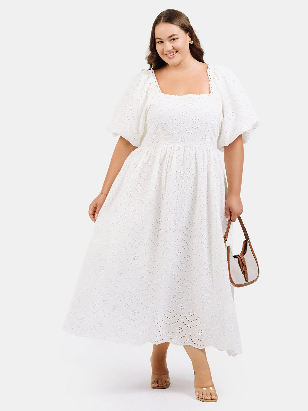 Virgio Women Cotton Square Neck Maxi Schiffli Short Sleeves Plus Size Dresses