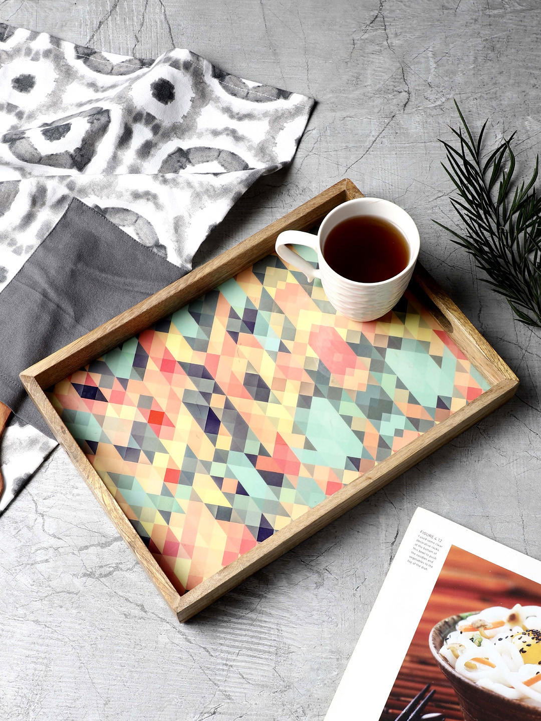 VarEesha Yellow & Blue Mosaic Printed Mango Wood Rectangular Serving Tray