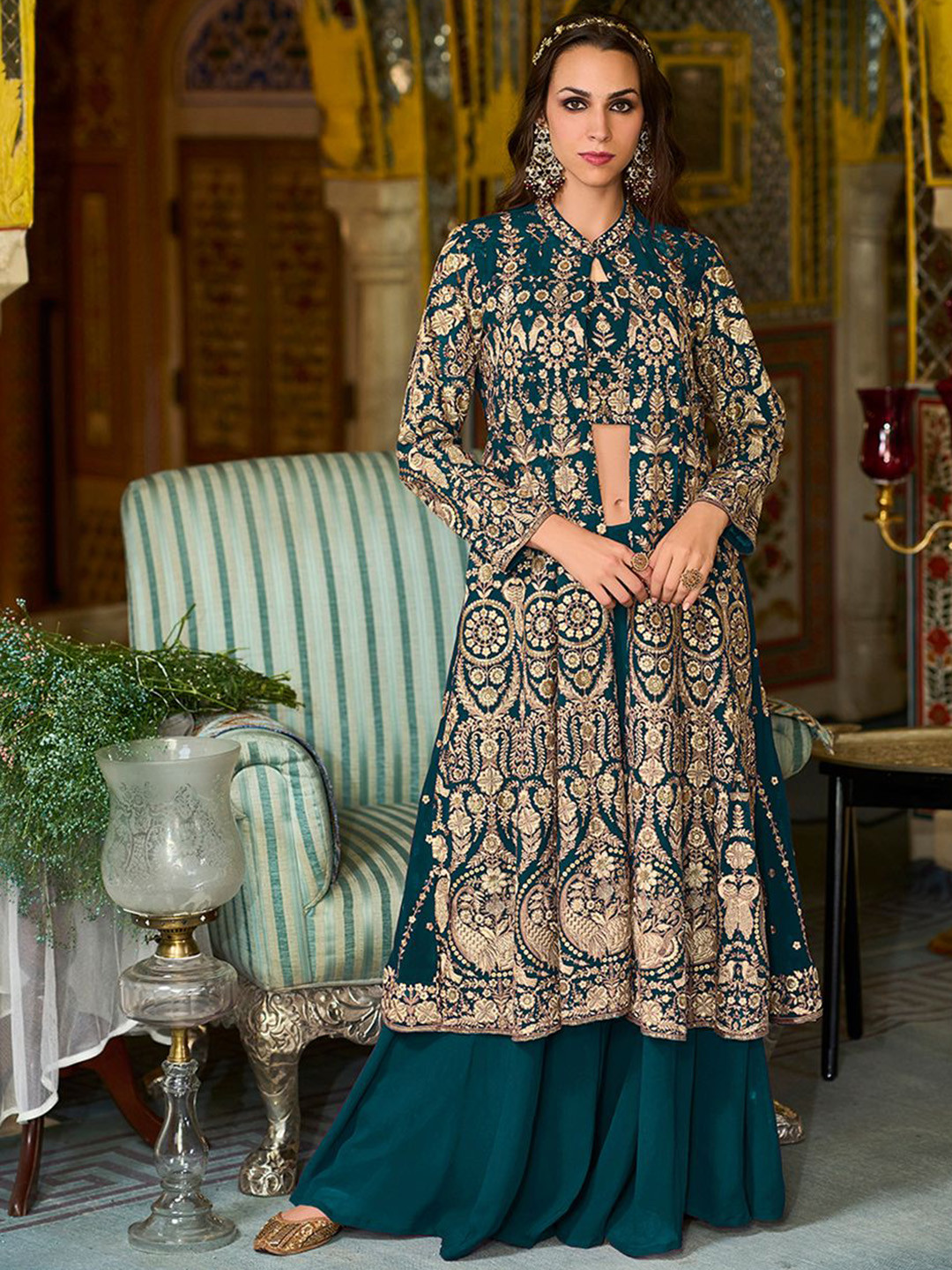 House of Pataudi Floral Embroidered Georgette Crop Top With Sharara & Shrug