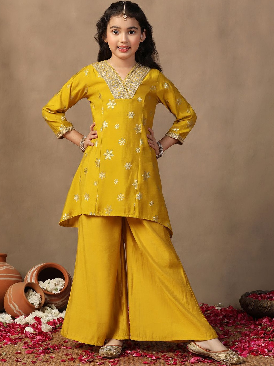 BAESD Girls Roman Silk Ethnic Motifs Printed A-Line Kurta with Palazzos