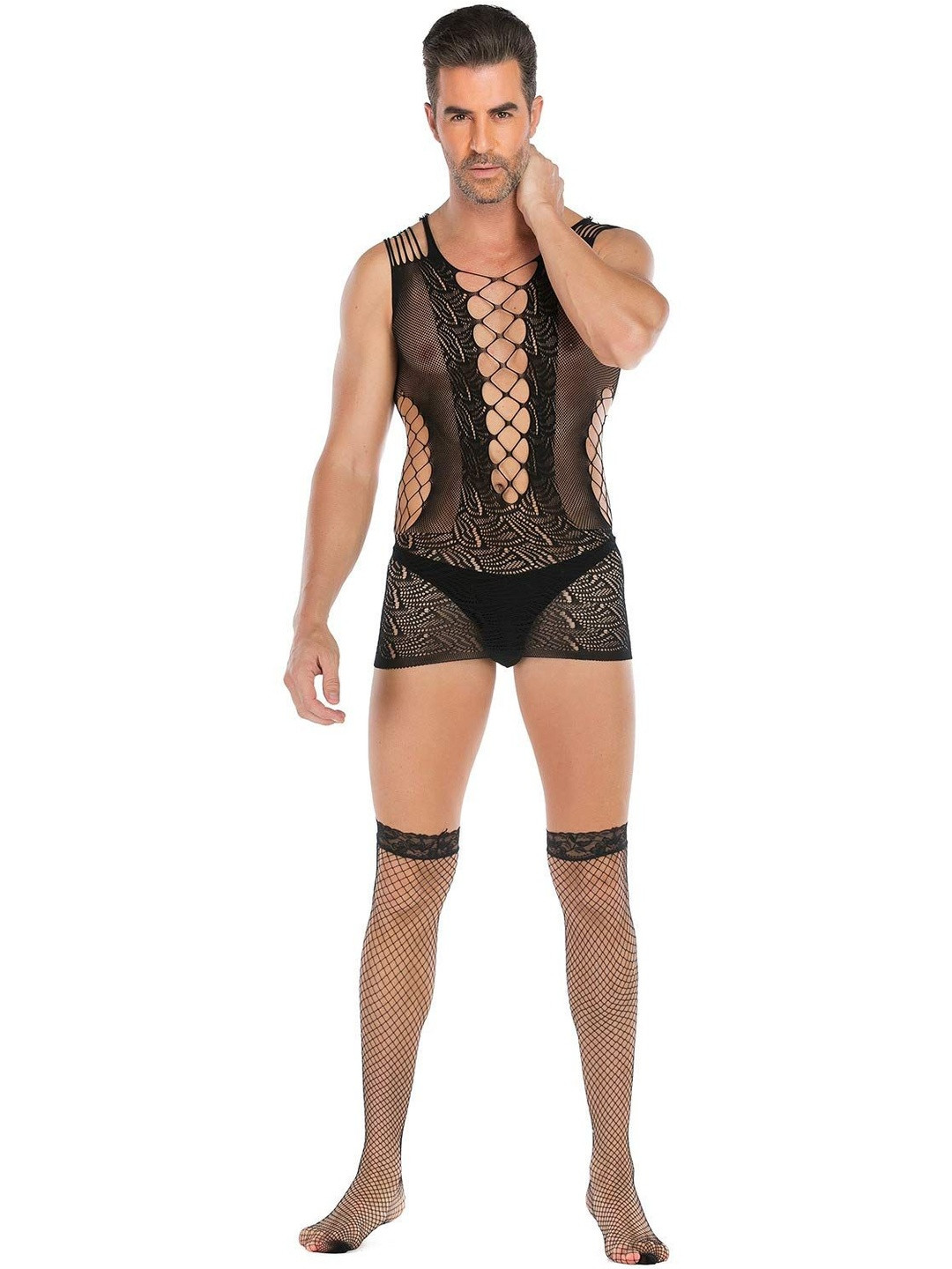 SSoShHub Men Black Polyester Fishnet Bodysuit
