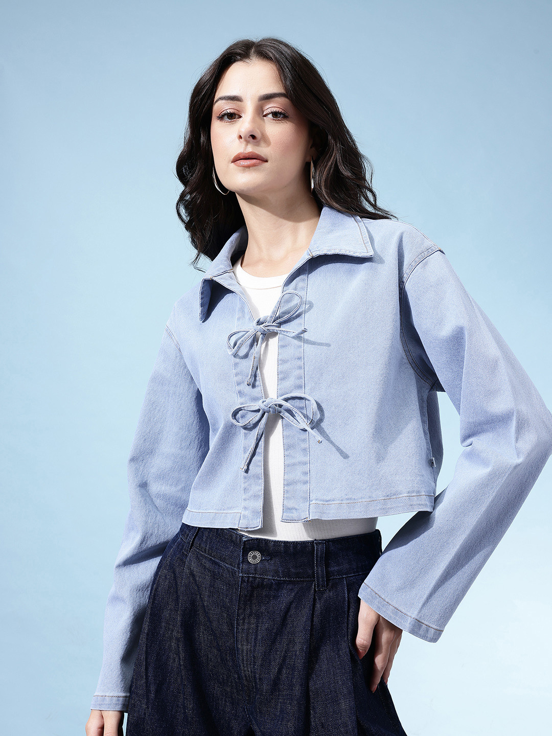 glitchez Spread Collar Tied-Up Cropped Denim Jacket
