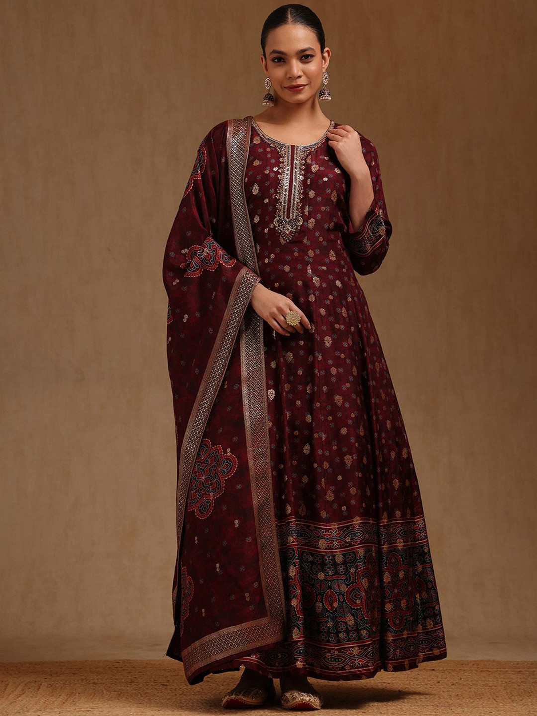 Soch Printed Round Neck Fit & Flared Mirror Work & Cut Dana Ethnic Dresses