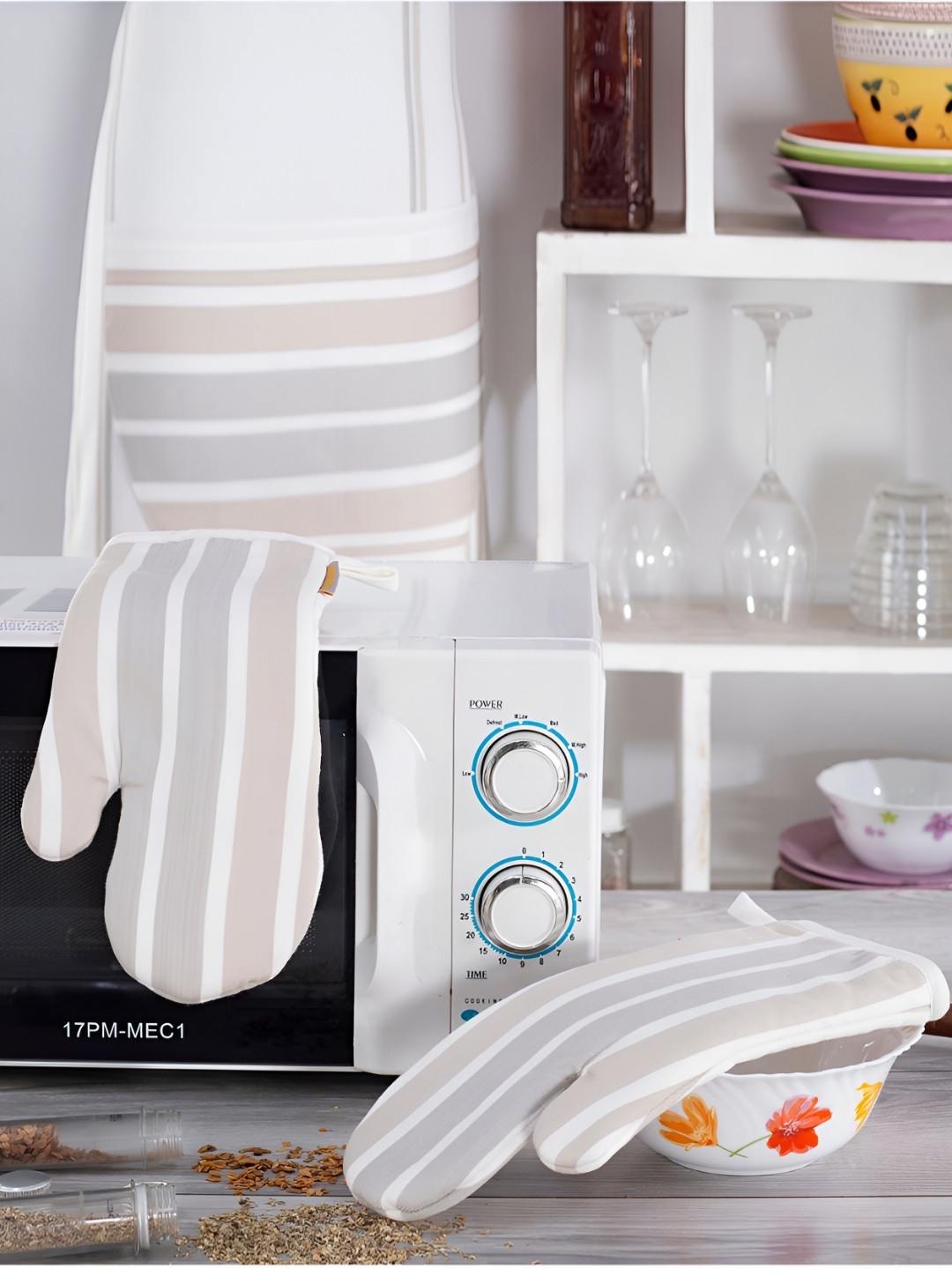 MASPAR Beige & Grey 2 Pieces Striped Pure Cotton Oven Gloves