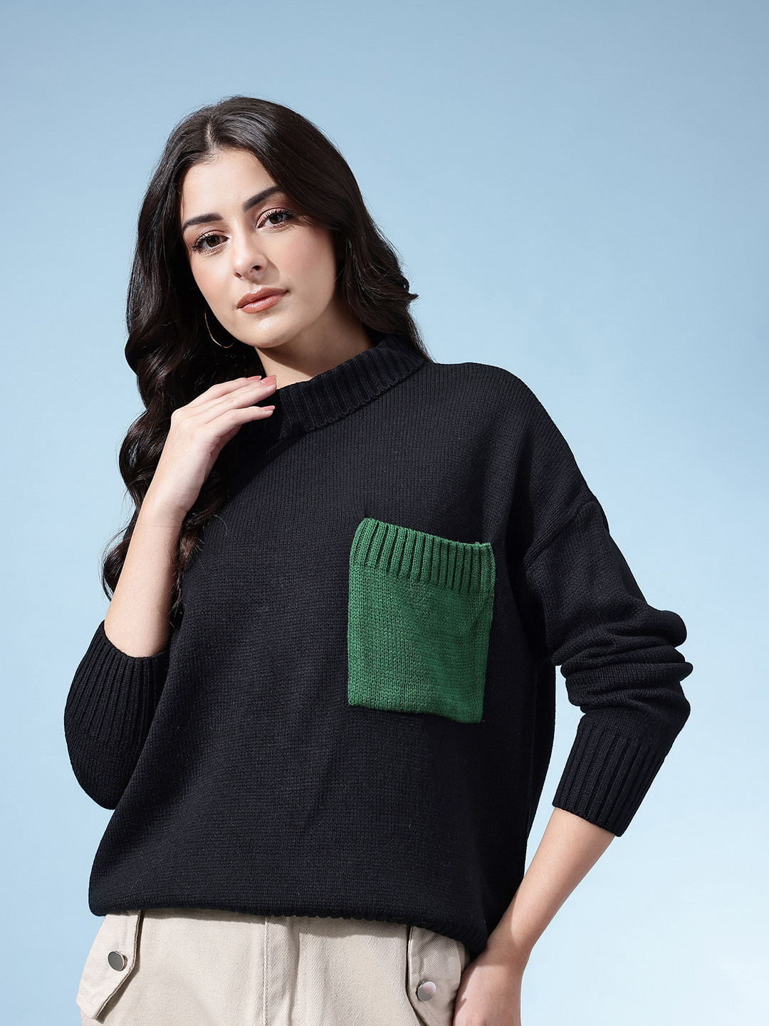 glitchez Turtle Neck Pocket Detail Oversized Pullover