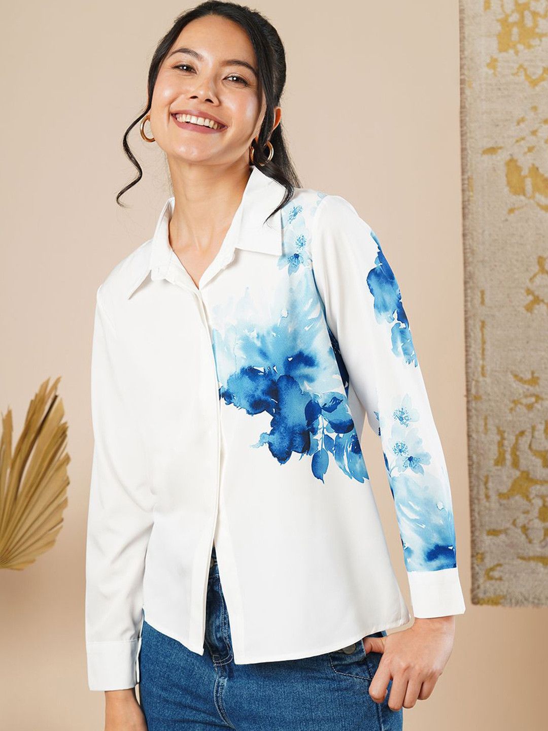 CARTYSHOP Women Comfort Fit Floral Printed Spread Collar Casual Shirt