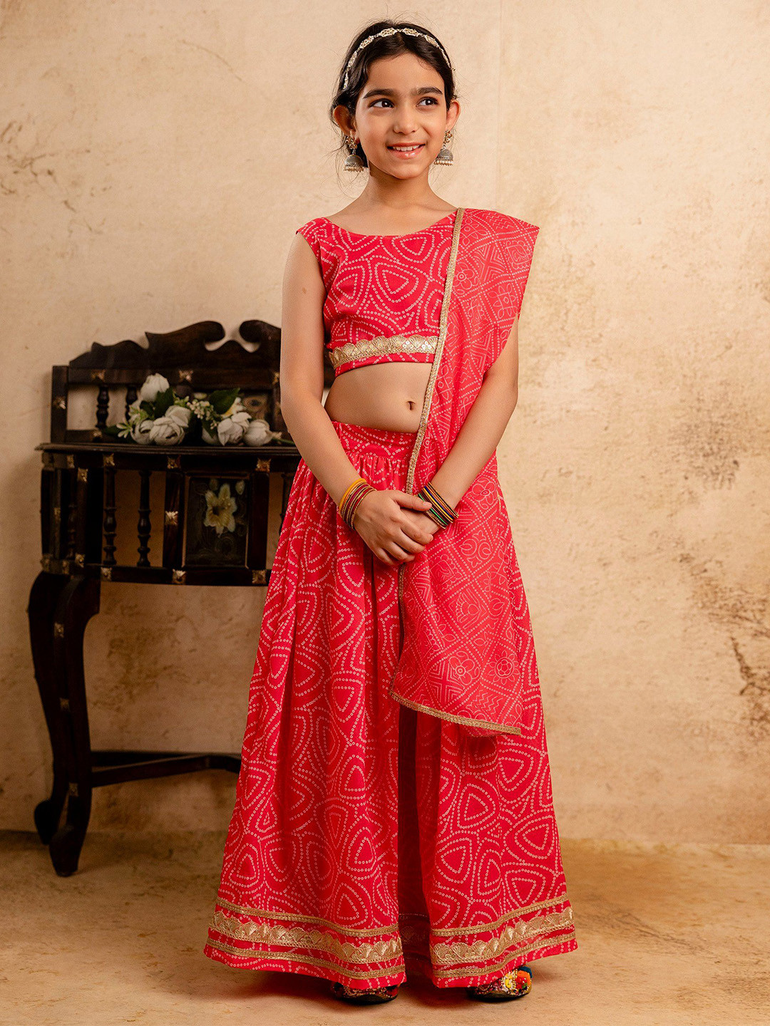 Cutiediva Girls Printed Gotta Patti Pure Georgette Ready To Wear Lehenga & Choli & Dupatta