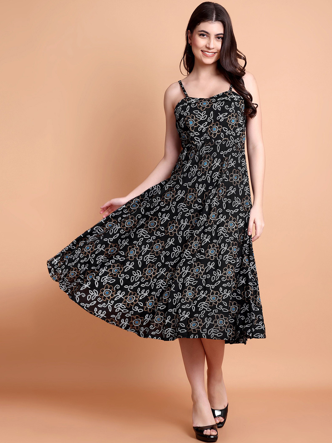Pashet Bandhani Printed Cotton Dress with Shoulder Straps