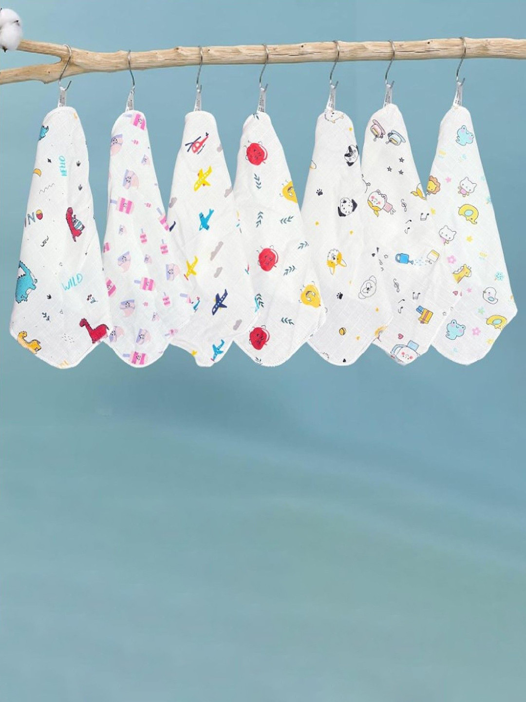 Kalra Magic Kids Set Of 9 Printed Cotton Waterproof Bib & Hanky
