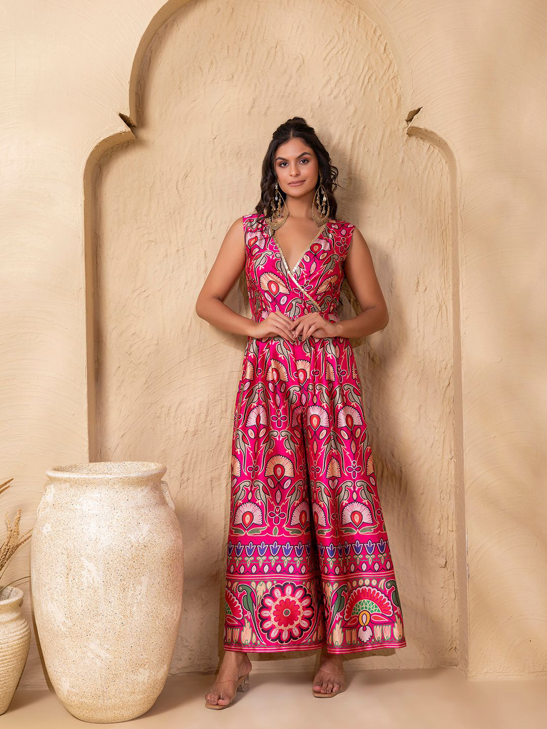 MABISH by Sonal Jain Printed Overlap Neck Wide Legged Basic Jumpsuit