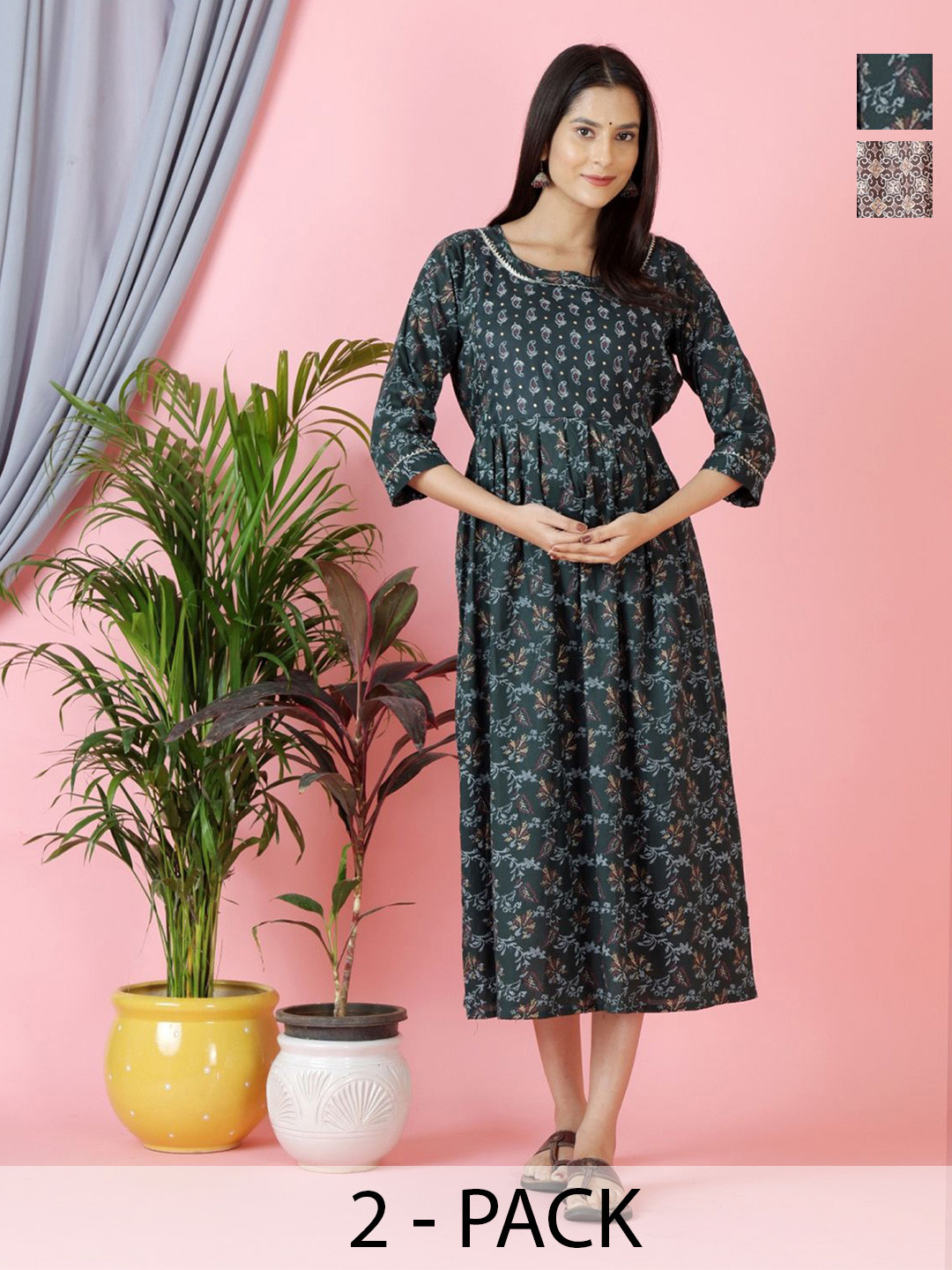 Pakiza Enterprises Women Pack Of 2 Floral Print Maternity A-Line Midi Dress