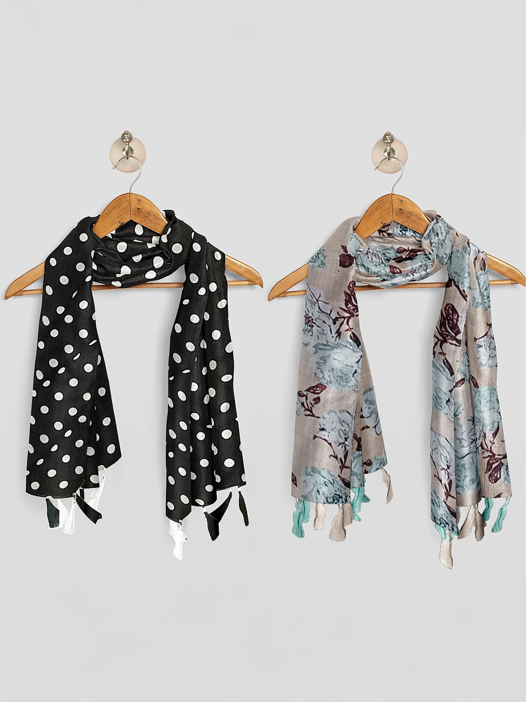 POSHAMPAA be desi Women Set of 2 Polka Dots Printed Scarfs With Tasselled Border