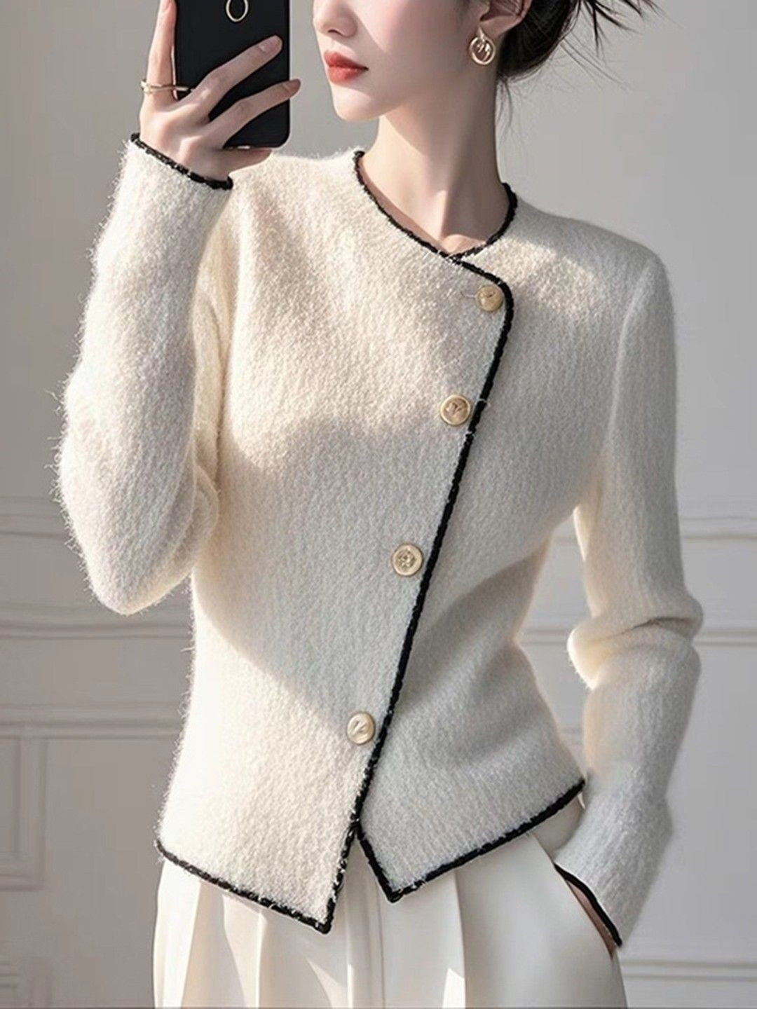 HERE&NOW Women Self Design Faux Fur Trim Sweaters