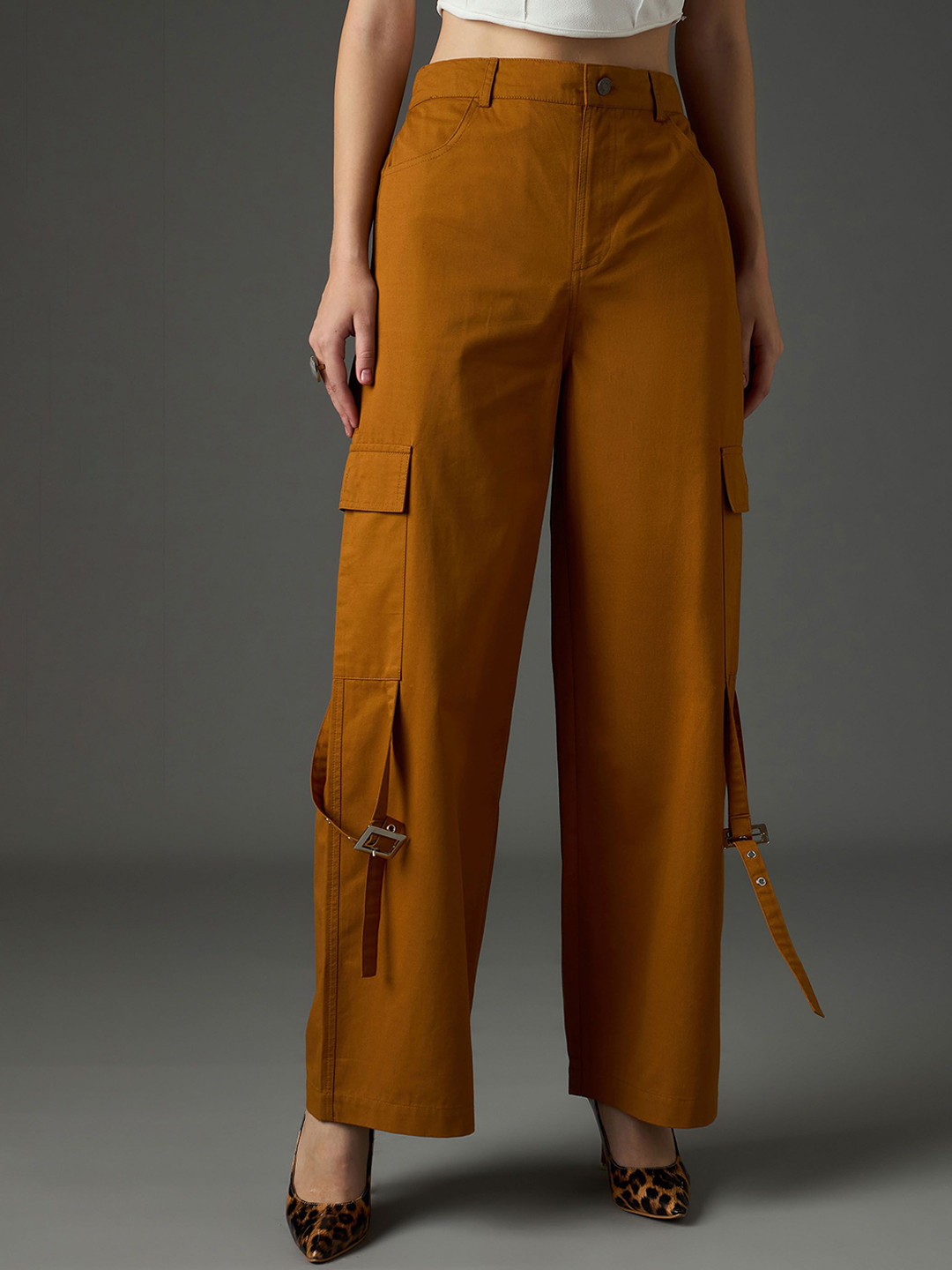 SASSAFRAS Women Straight Fit High-Rise Coated Cargos Trousers