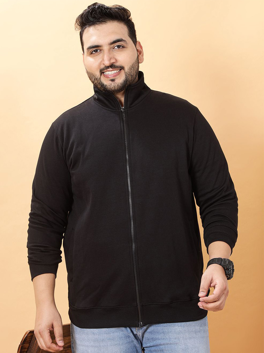 John Pride Plus Size Men Solid Long Sleeves Mock Collar Front-Open Regular Sweatshirt
