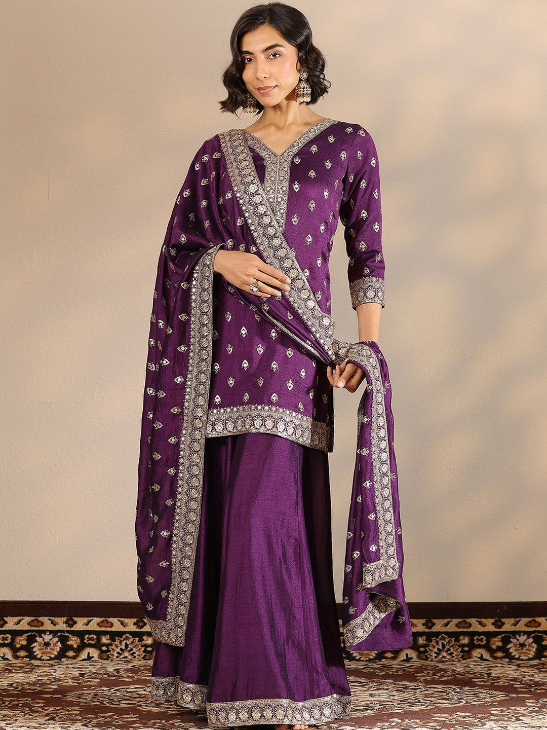 Libas Women Ethnic Motifs Embroidered Kurta with Sharara & Dupatta