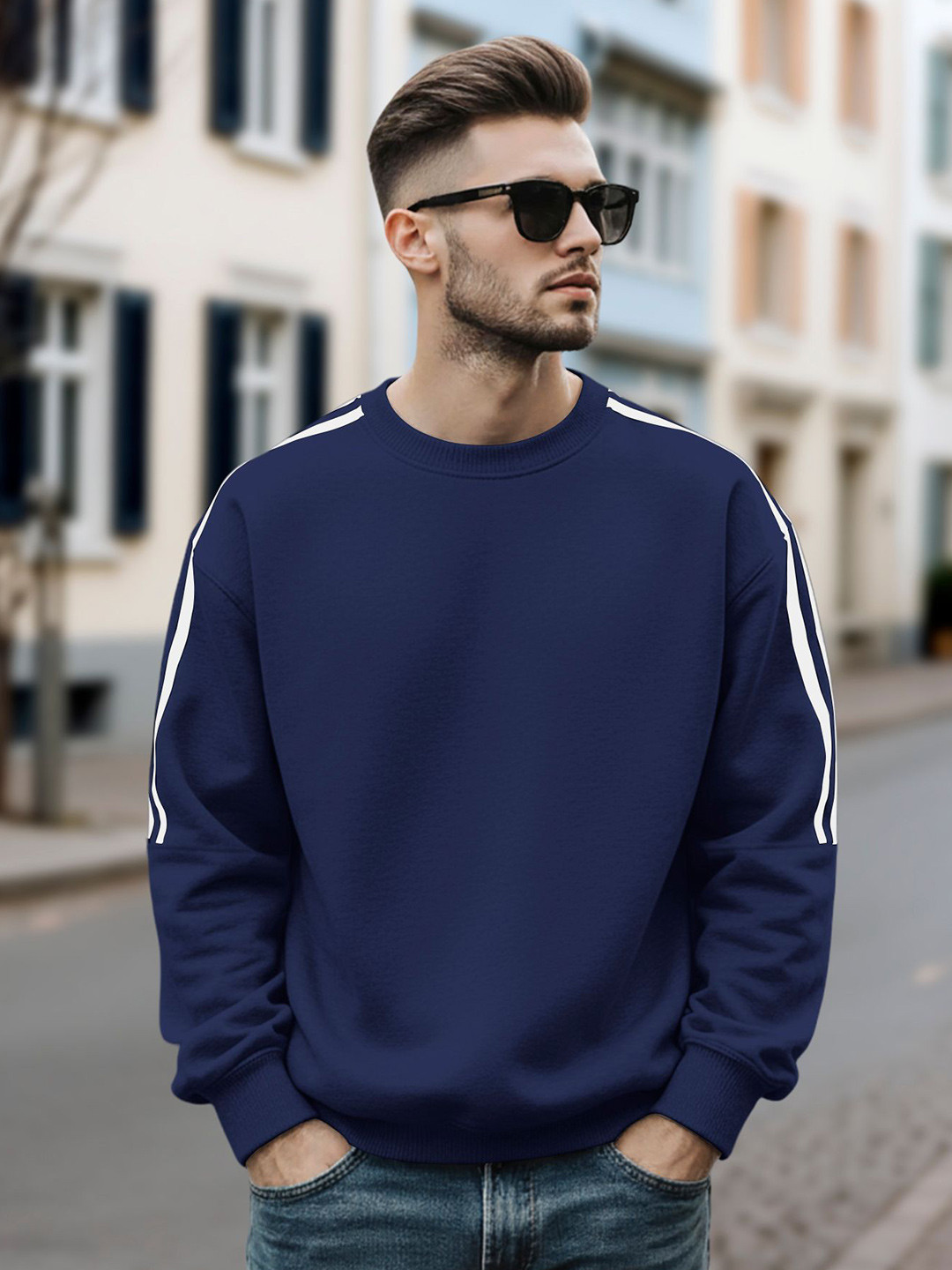 Fashion And Youth Men Solid Double Striped Round Neck Pullover Sweatshirt