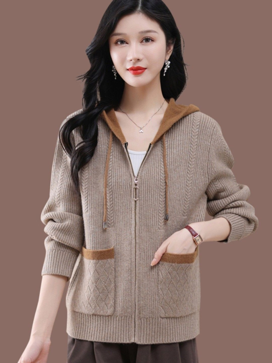 HERE&NOW Women Long Sleeves Hooded Knitted Cardigan