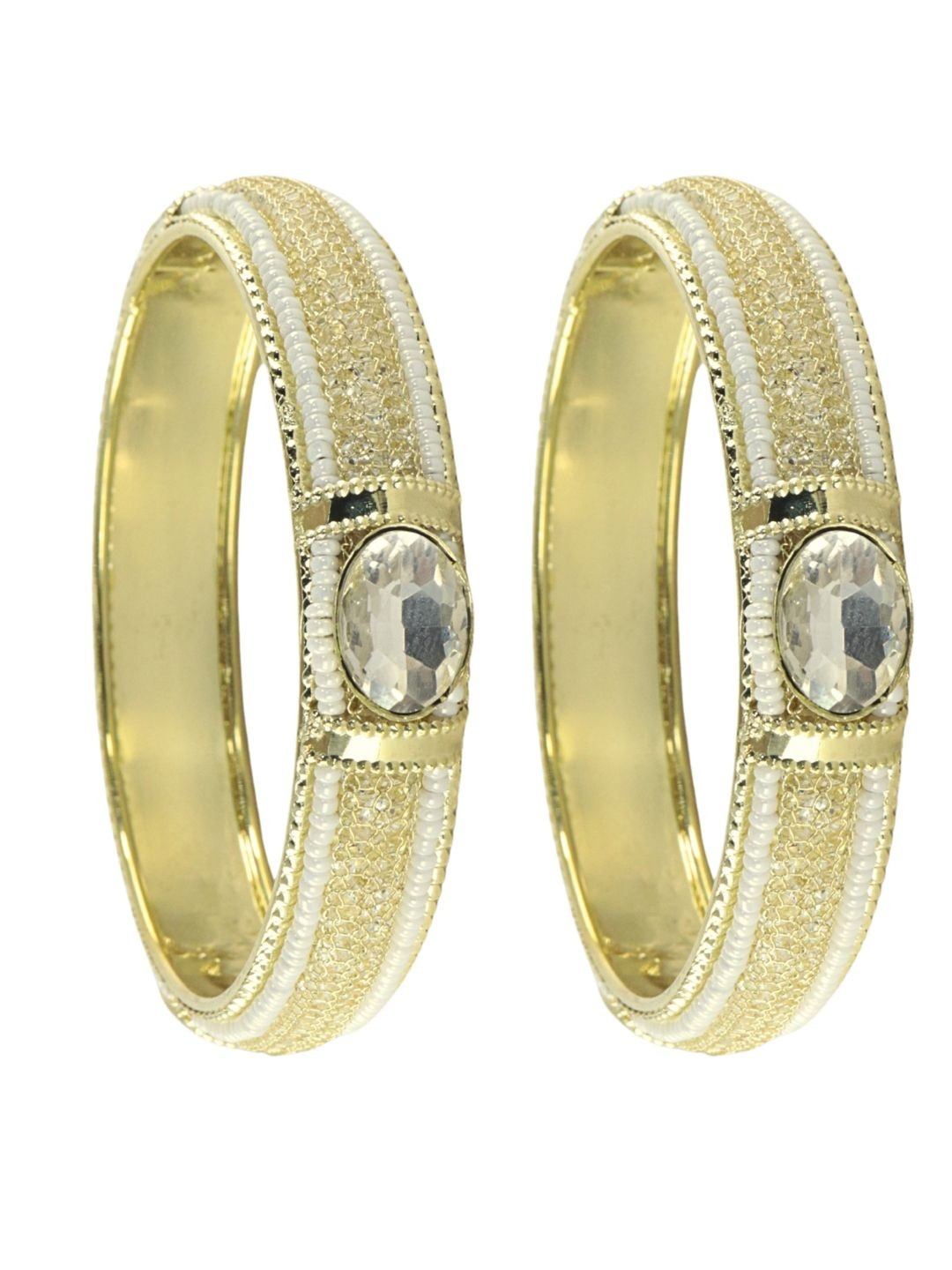 ZULKA Women Pack of 2 AD Stone & Pearls Work Metal Bangles