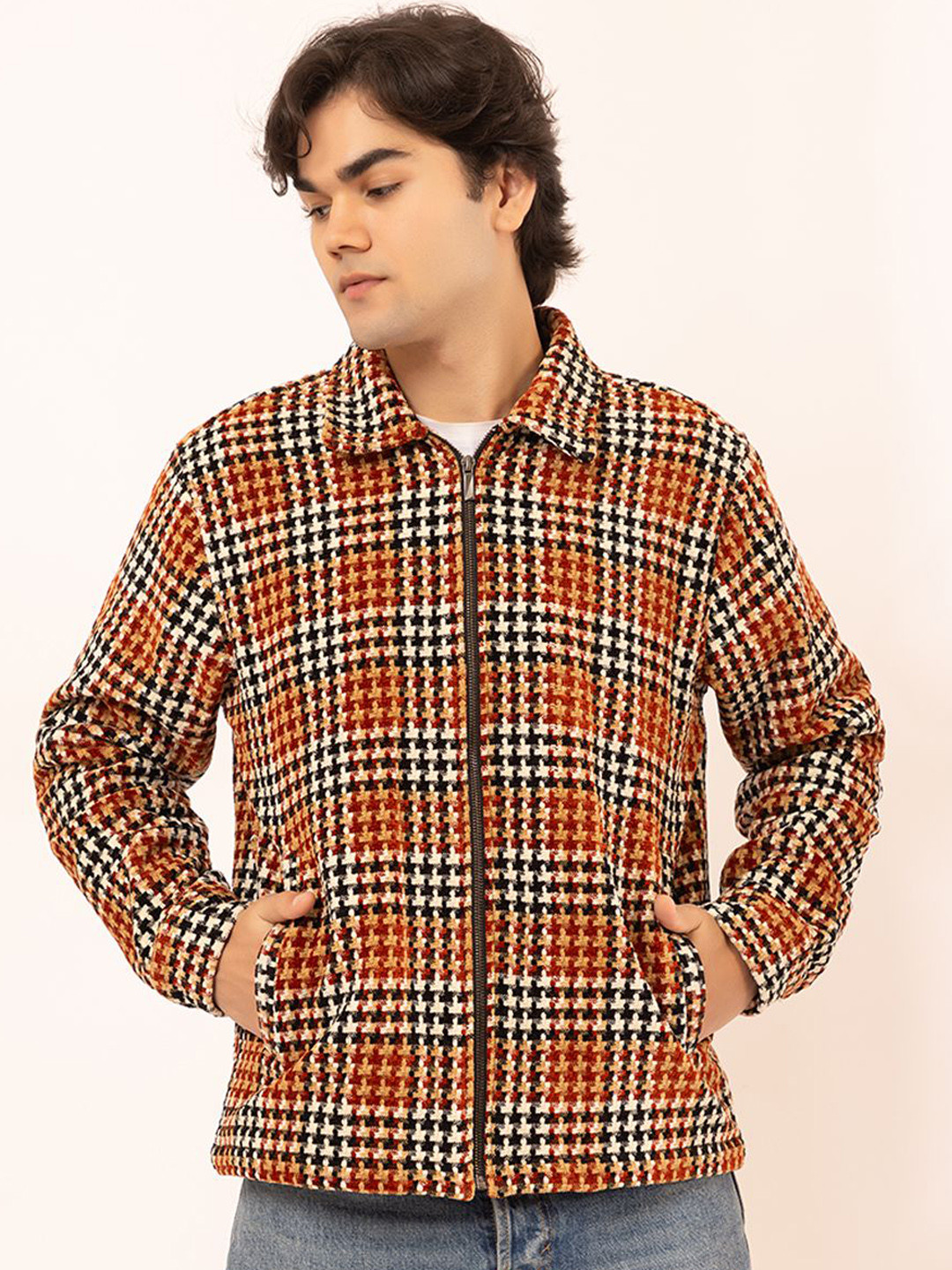 ARMISTO Men Spread Collar Checked Windcheater Open Front Jacket