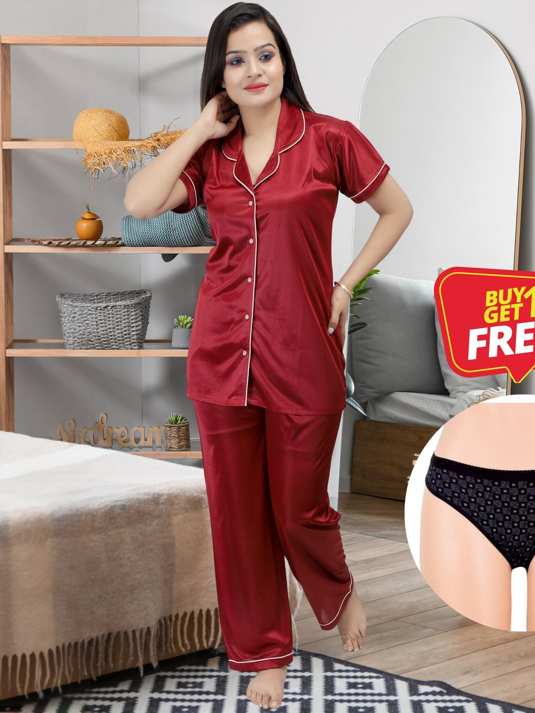 Clothus Women Solid Satin Shirt & Pyjama Night suits