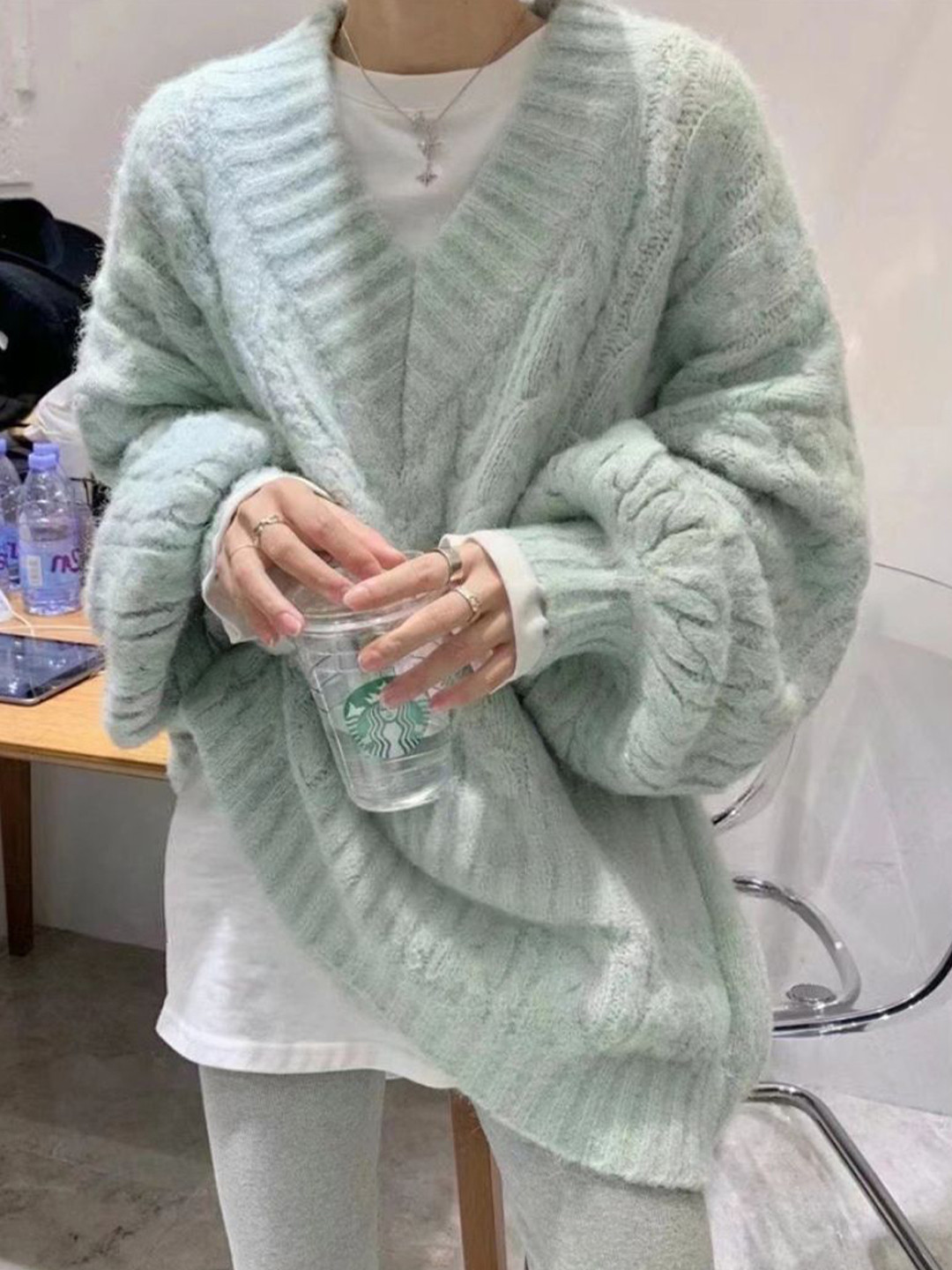 StyleCast Women  V-Neck  Oversized Cable Knit Longline Pullover with Fuzzy Detail