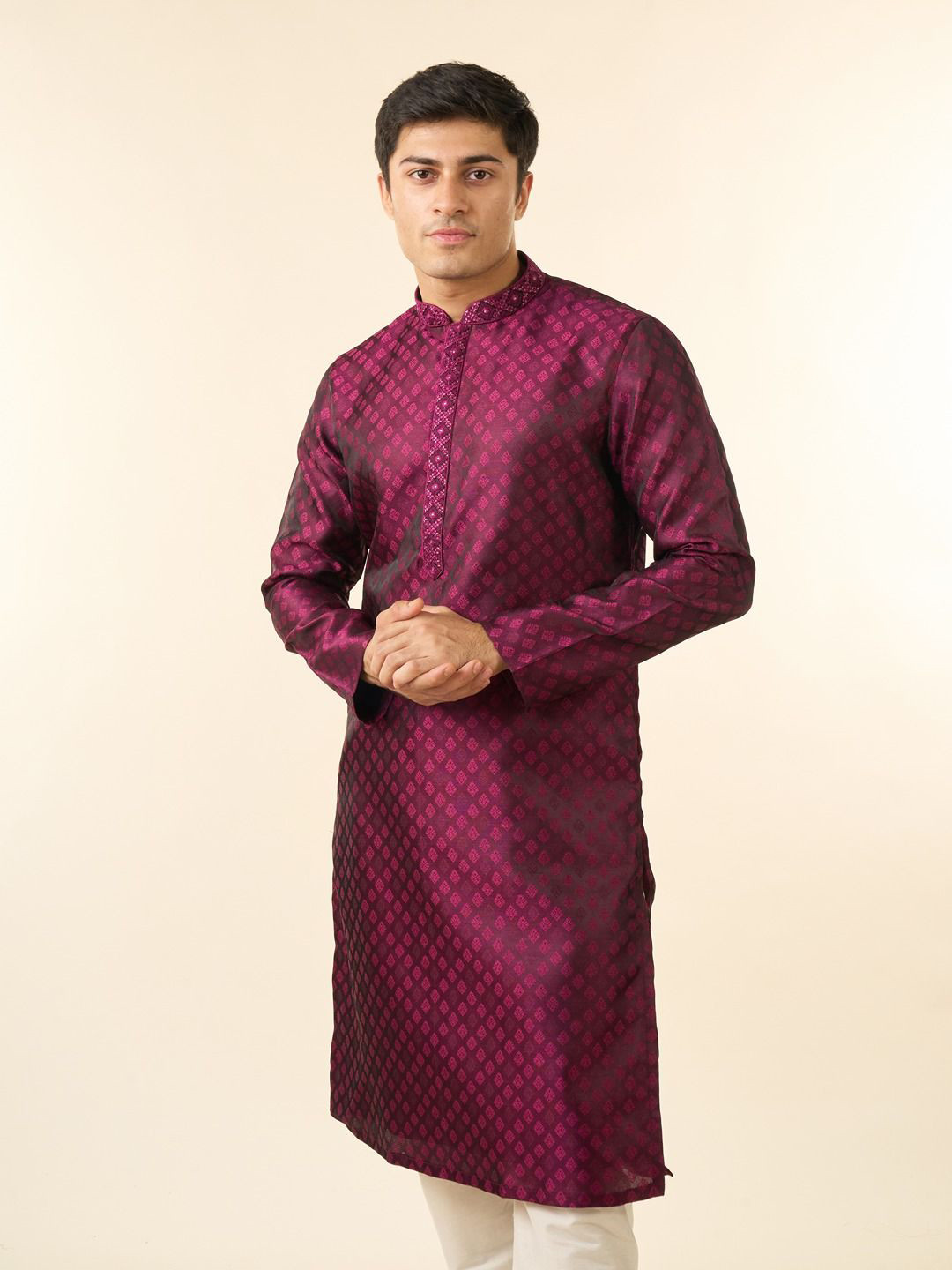 Diwas by Manyavar Men Woven Design Beads and Stones Details Mandarin Collar Kurta