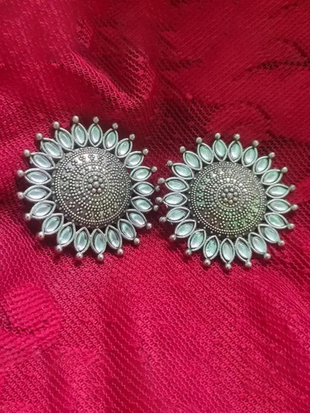 styledose German Silver Artificial Stones Studded Oxidised Floral Shaped Studs