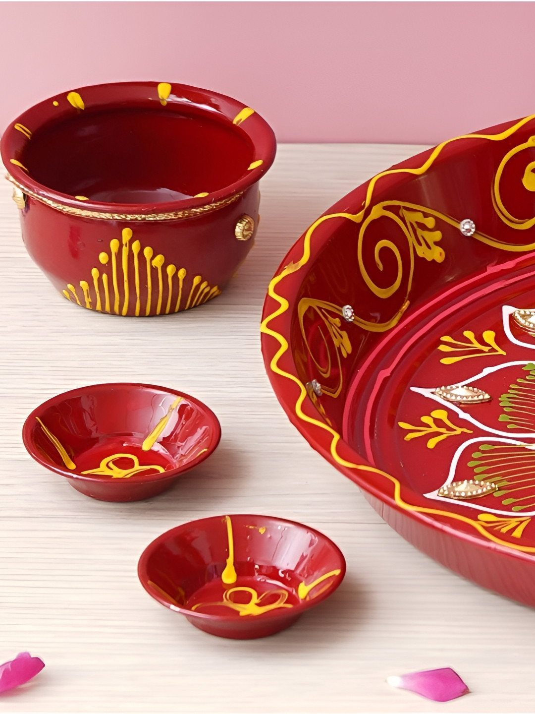 eCraftIndia Red & Yellow 5 Pieces Stainless Steel Karwa Chauth Thali Set