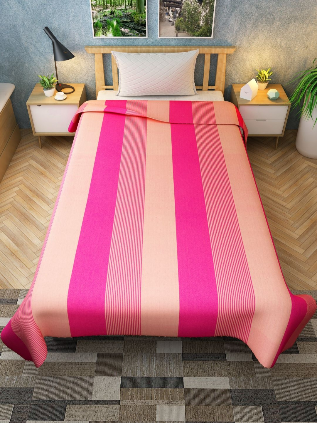 Athom Living Pink & Cream Striped Cotton 180 TC Single Bedsheet 1.45m x 2.24m