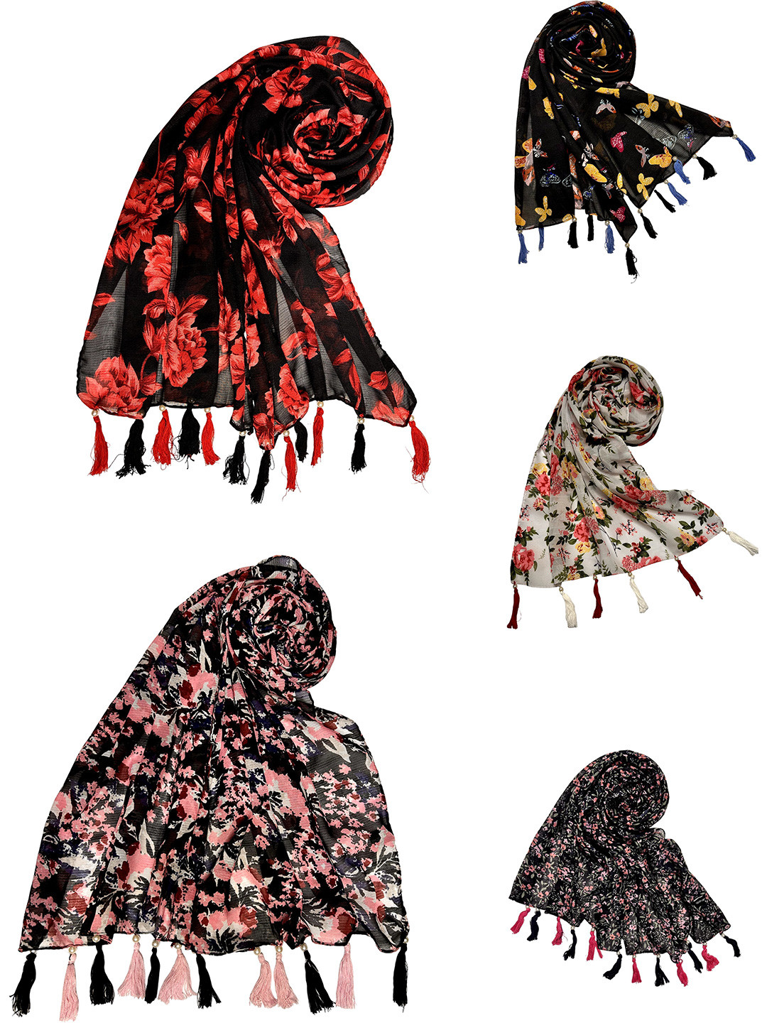 POSHAMPAA be desi Women Pack Of 5 Printed Scarf With Tasselled Border