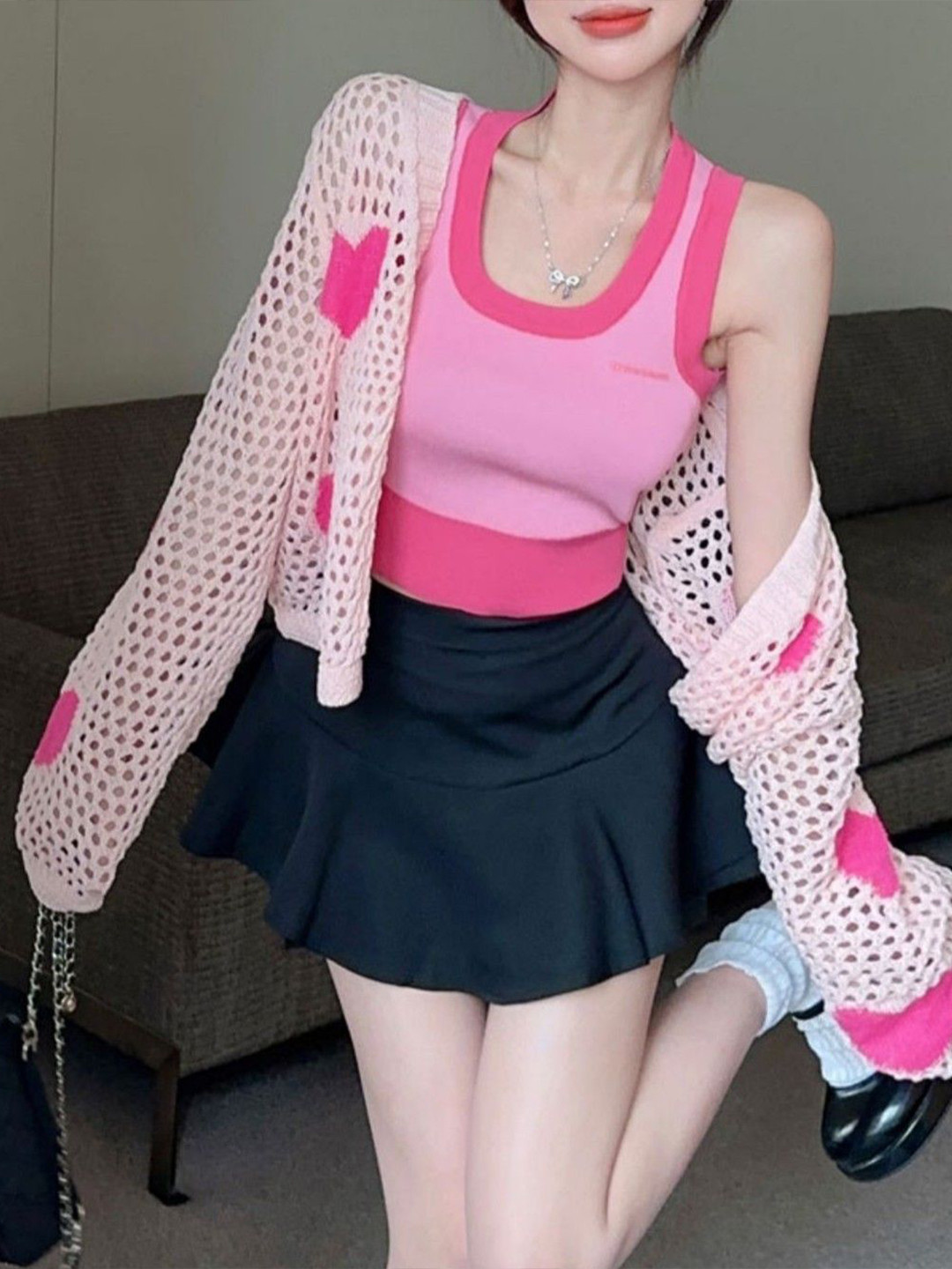 StyleCast Women Open-Knit Heart Pattern Long Sleeves Cardigan