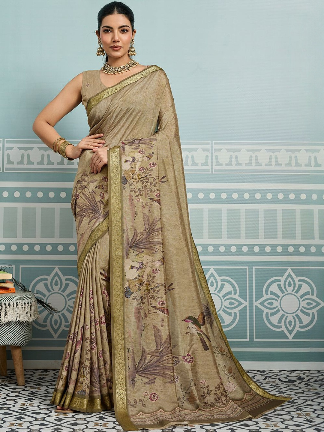 100 Dreams Floral Animal Printed Viscose Border Zari Designer Saree