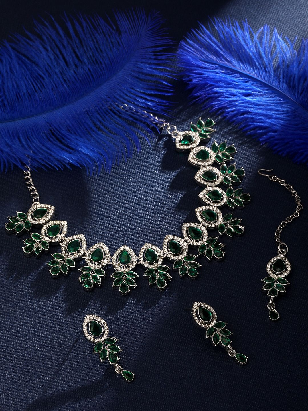 ASMITTA JEWELLERY Rhodium Plated American Diamond Studded Jewellery Set