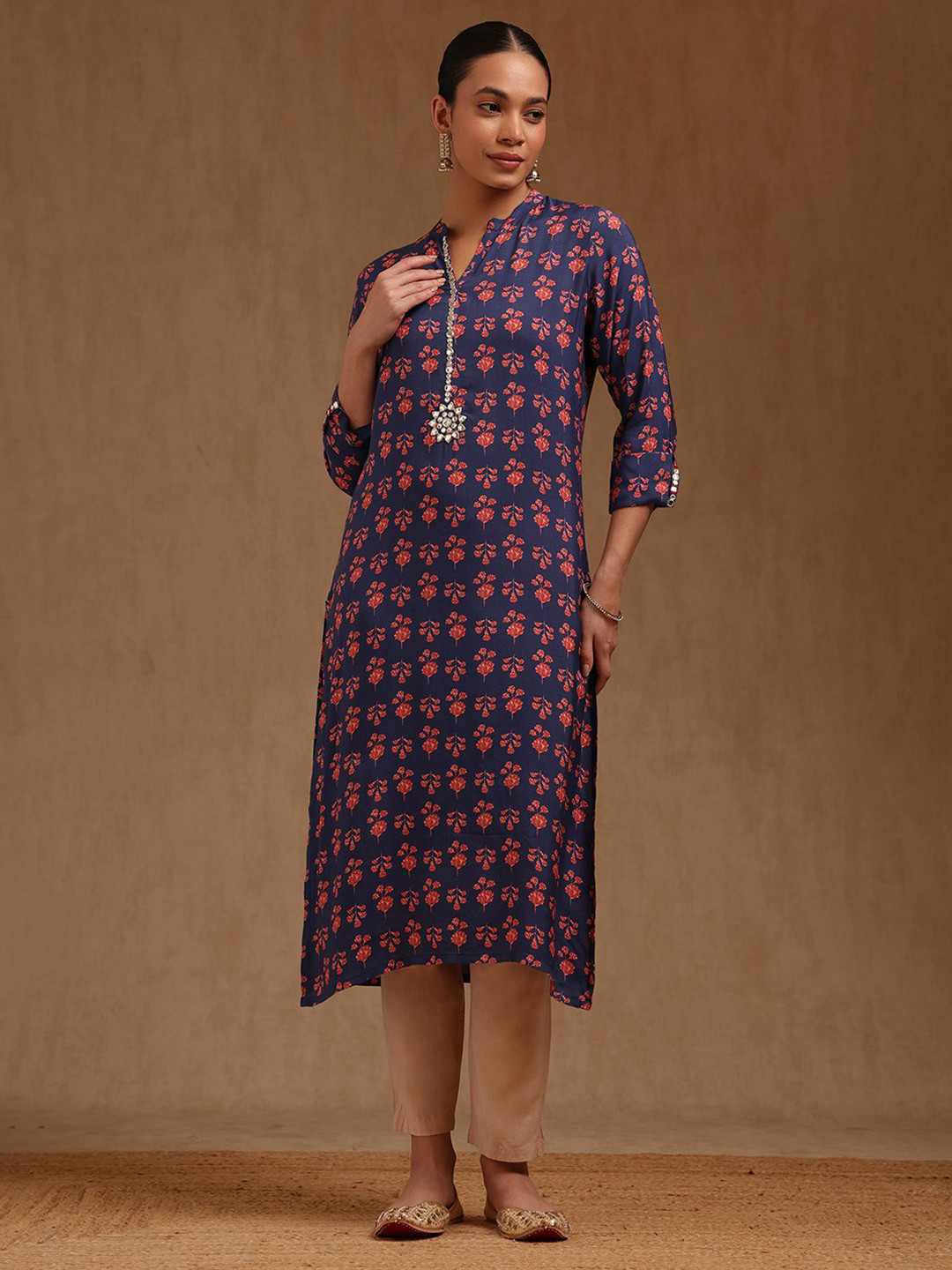 Soch Floral Printed Mirror Work Mandarin Collar Straight Kurta