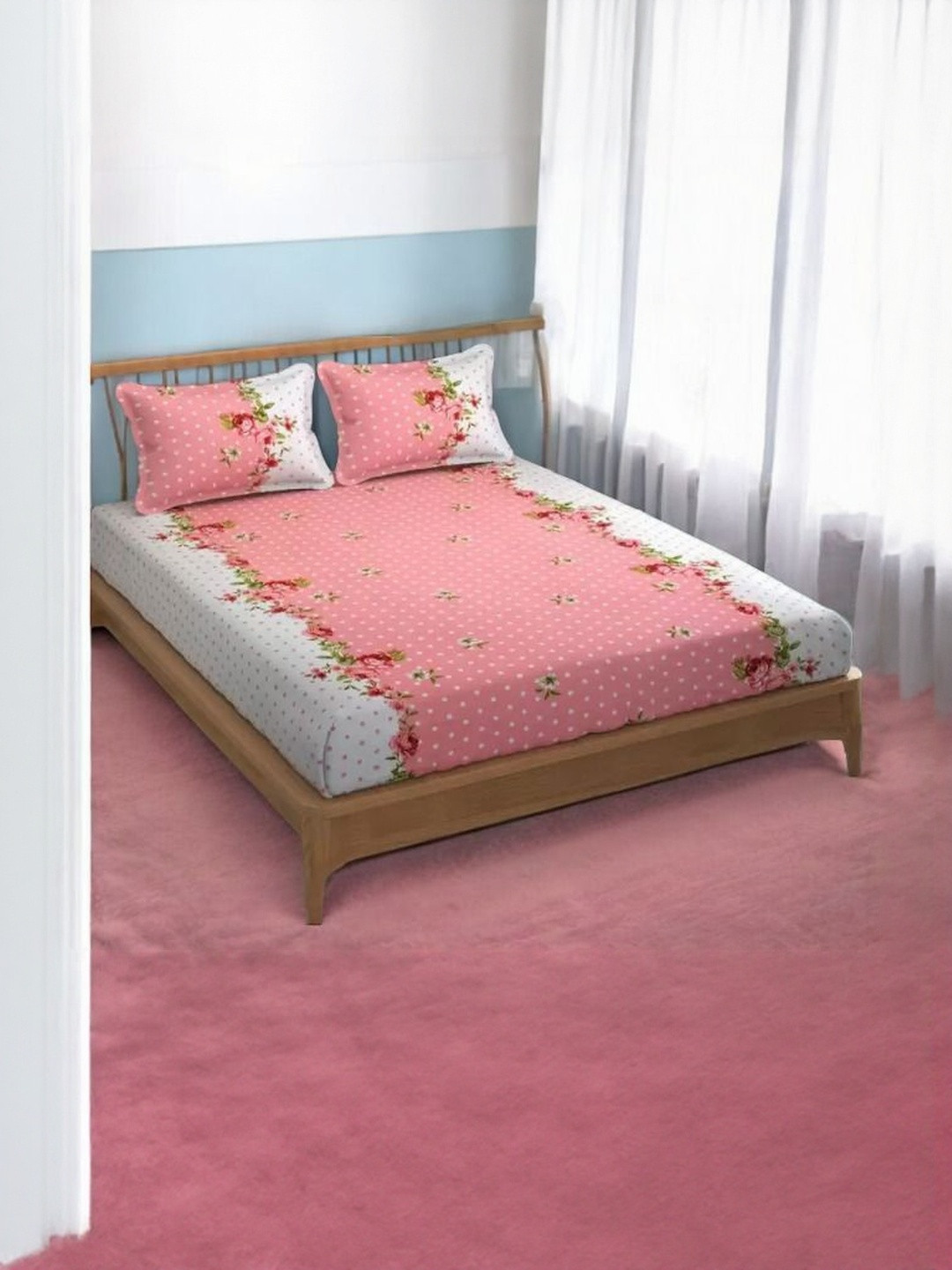 WELLNEST Pink Floral Cotton Fitted Queen Regular Bedsheet with 2 Pillow Covers - 6 X6.5 Ft