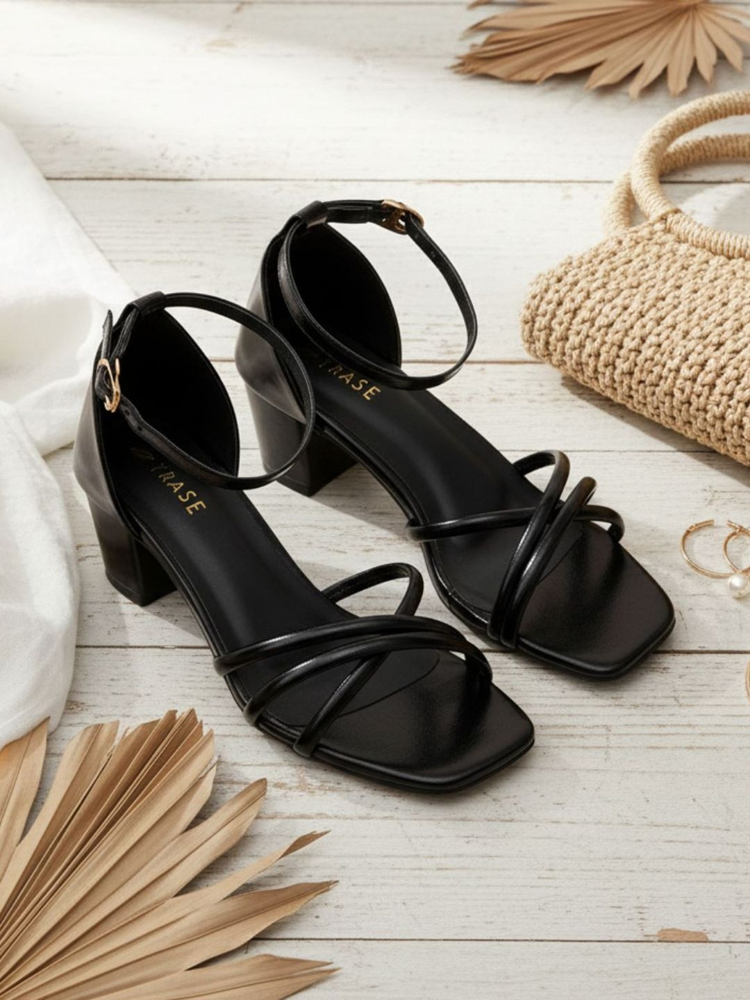 TRASE Women Black Block Sandal Heels