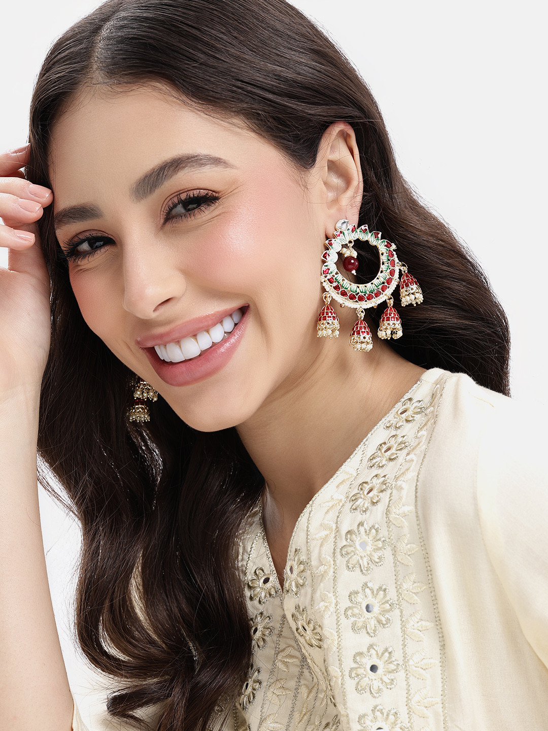 Lavish Giftz Gold-Plated Crescent Shaped Stones & Beads-Studded Drop Earrings