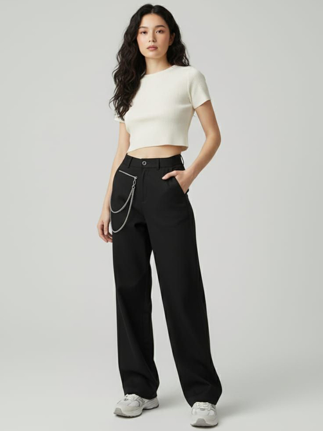 HIGH BUY Women Smart Slim Fit Flat-Front Mid-Rise Easy Wash Korean  Trousers With chain