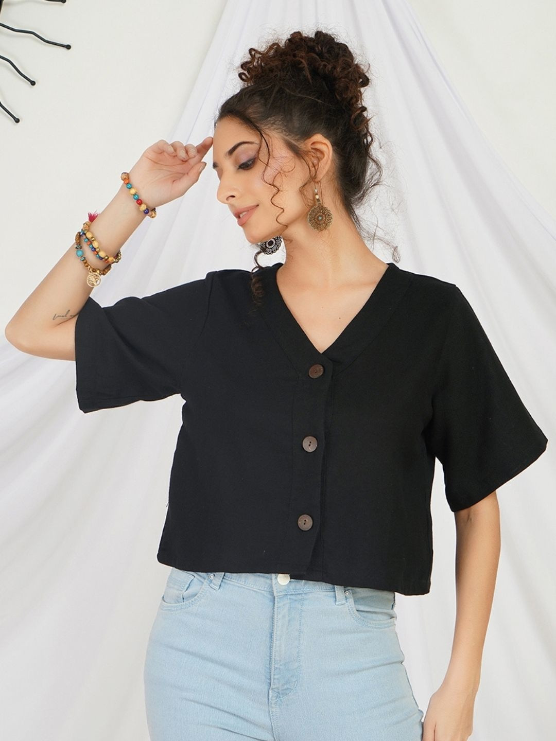 Boholyfe Women Pure Cotton Marceline Raven Bohemian V-Neck Crop Top