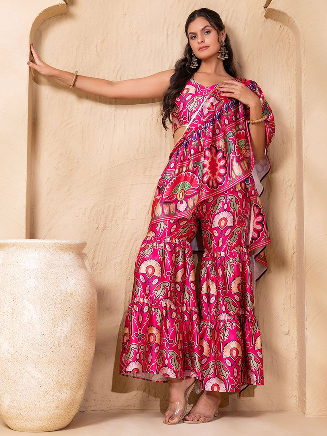 MABISH by Sonal Jain Floral Printed Crop Top With Attatched Frill Dupatta & Sharara