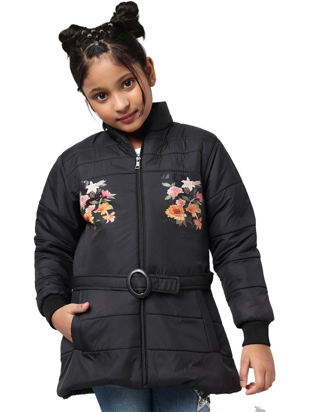 TRENDY WORLD Girls Floral Outdoor Puffer Jacket