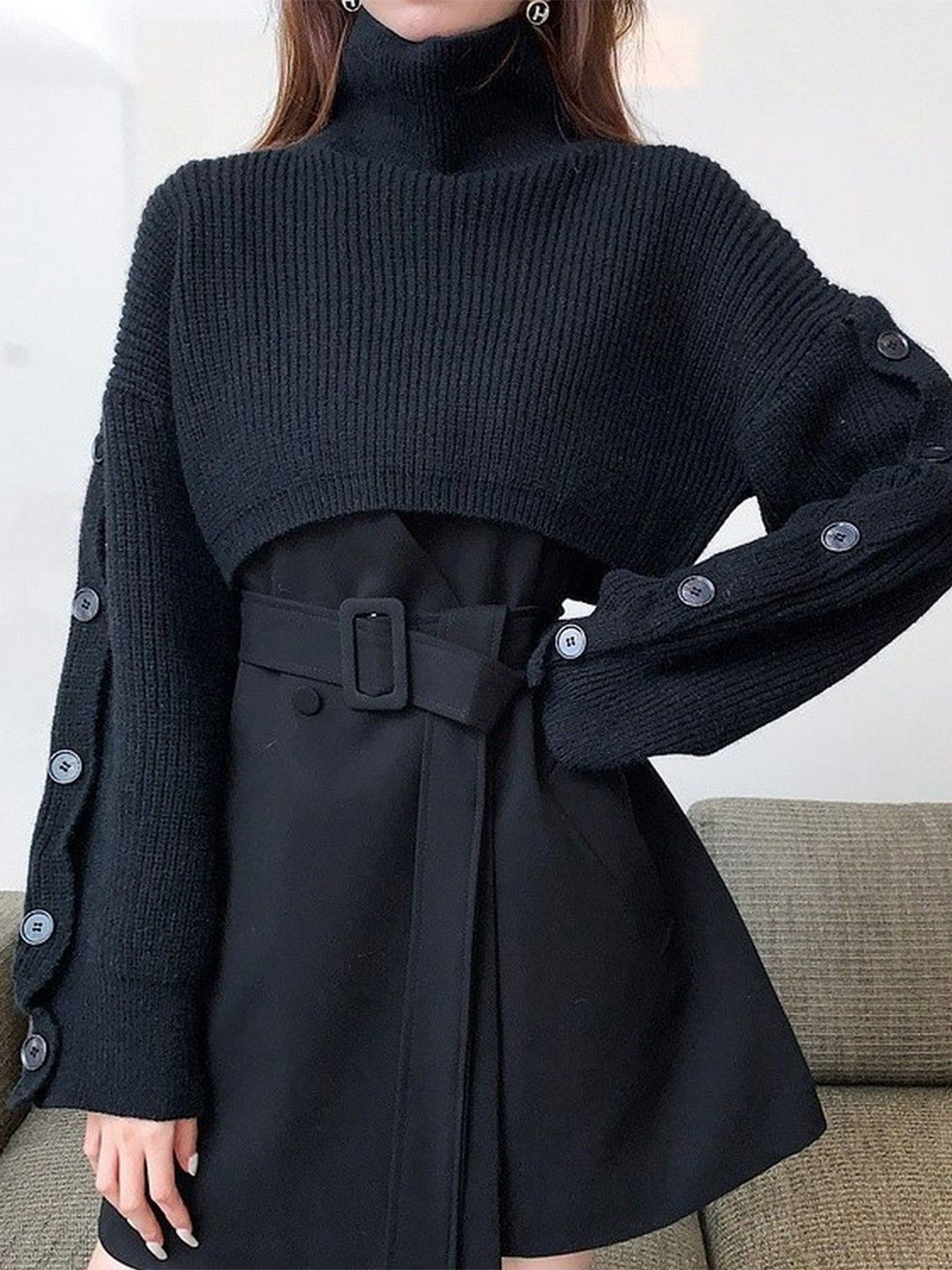 StyleCast Women Ribbed Button Detail Turtle Neck Crop Pullover Sweaters