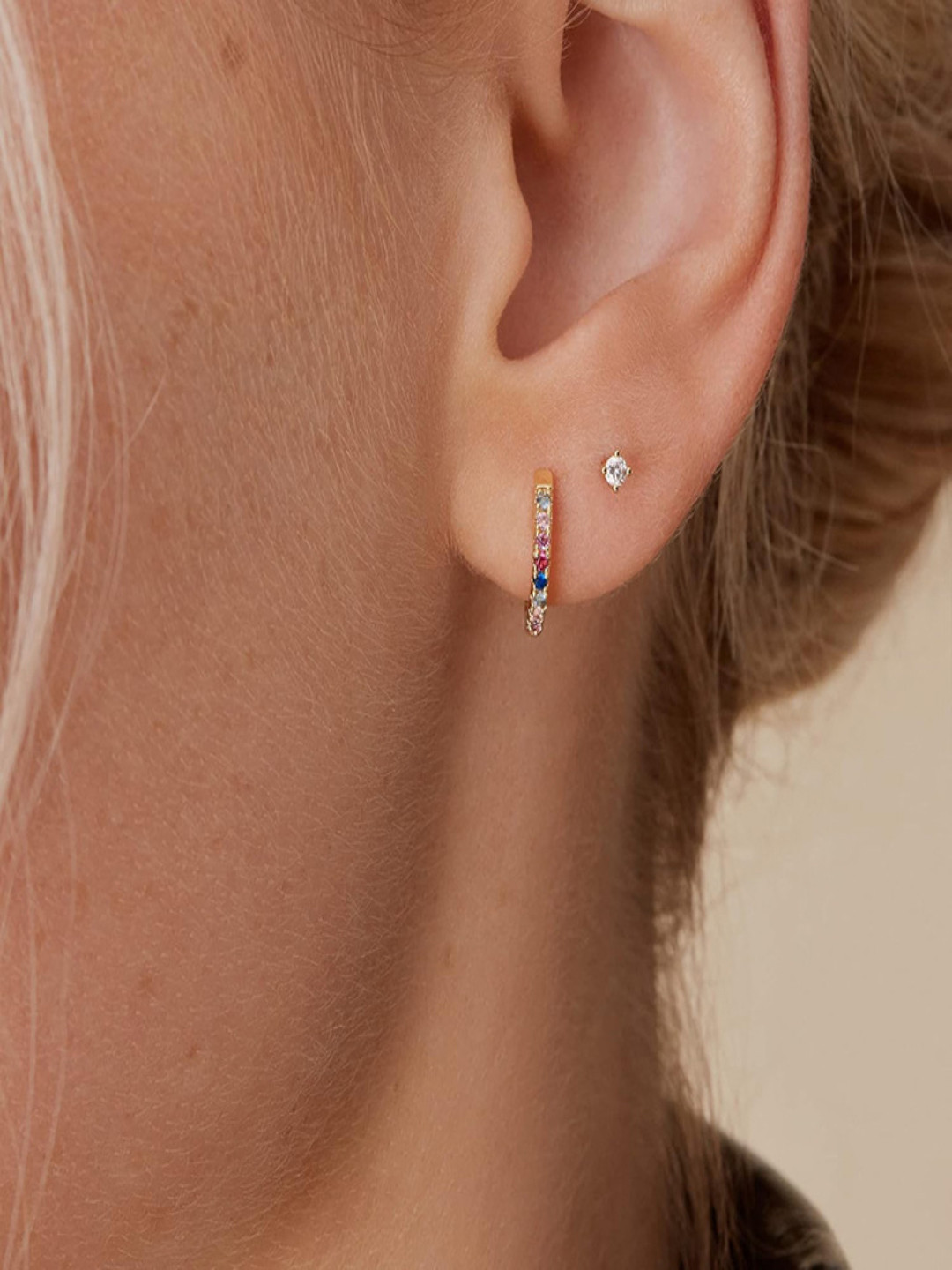 AQUASTREET 14K Gold Plated Anti-Tarnish Multicolor Zircon Huggie and Stud Earring Set