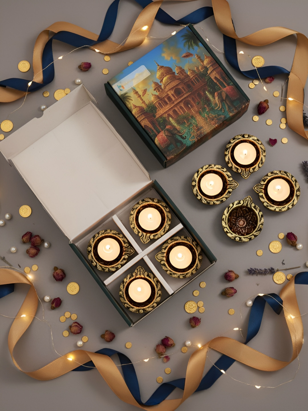 The handicraftian Brown & Yellow 8 Pieces Textured Curve Designed Diyas