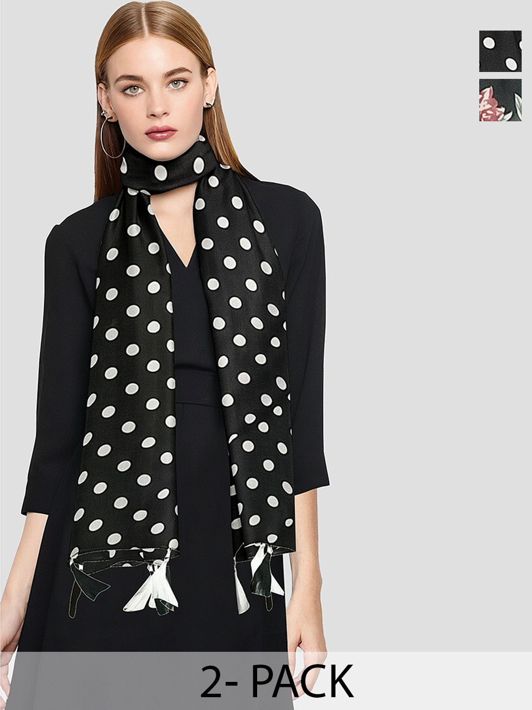 POSHAMPAA be desi Women Pack Of 2 Polka Dot Printed Scarf With Tasselled Border