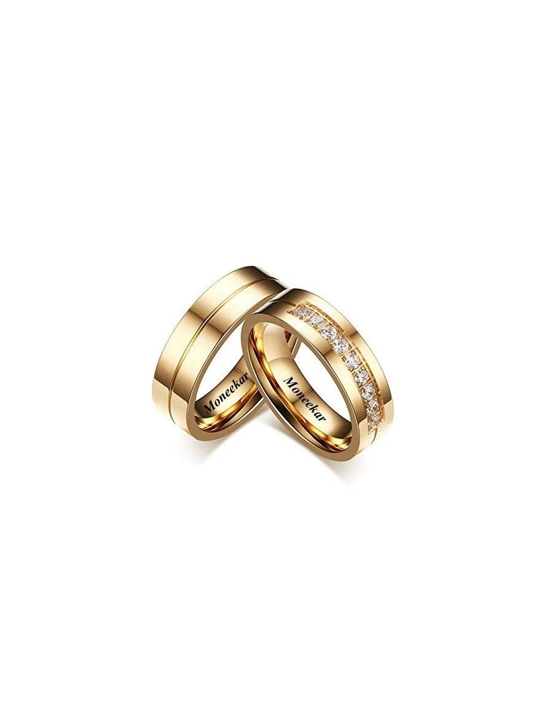 Moneekar Jewels Unisex Set of 2 Gold-Toned IP-Plated Stainless Steel Cubic Zirconia Finger Rings